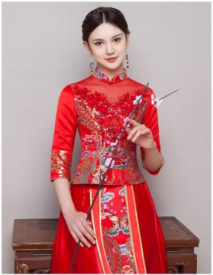 古典華麗新娘禮服，復(fù)古蕾絲中式禮服