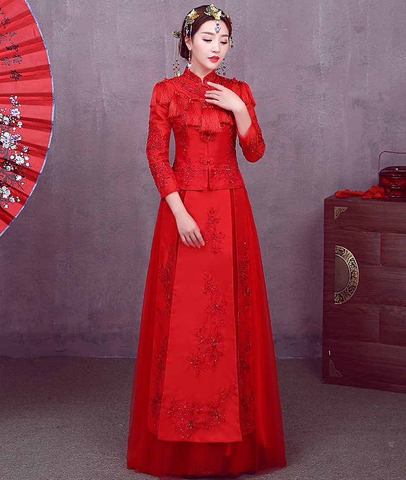 簡約紅色中式禮服，流蘇中國風(fēng)新娘結(jié)婚禮服