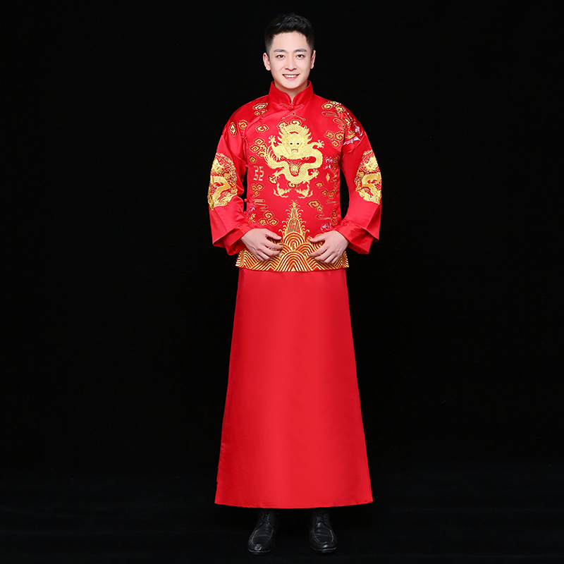 金龍刺繡男士中式禮服，時尚中國風(fēng)新郎禮服