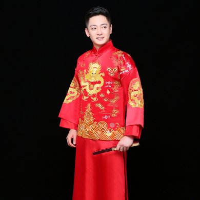 金龍刺繡男士中式禮服，時(shí)尚中國風(fēng)新郎禮服