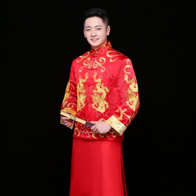 雙龍刺繡男士中式禮服，時(shí)尚中國風(fēng)新郎禮服