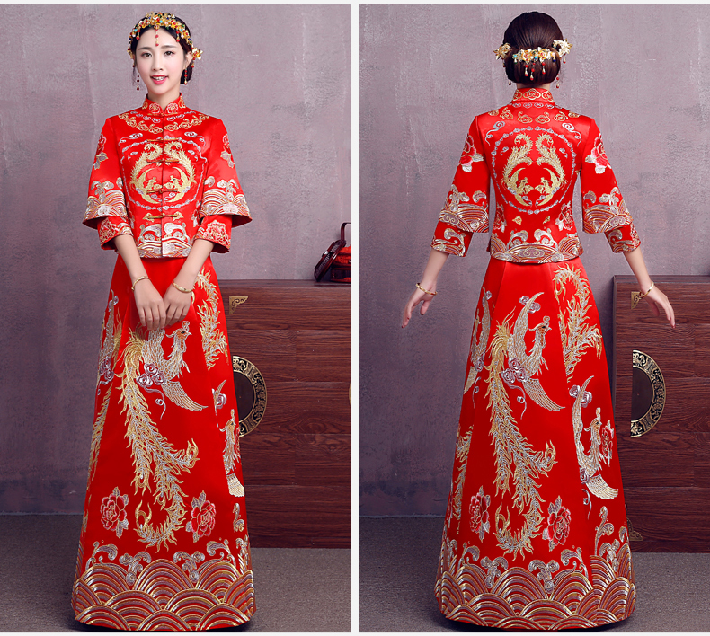 時(shí)尚中國(guó)風(fēng)中式禮服，精美奢華刺繡新娘禮服