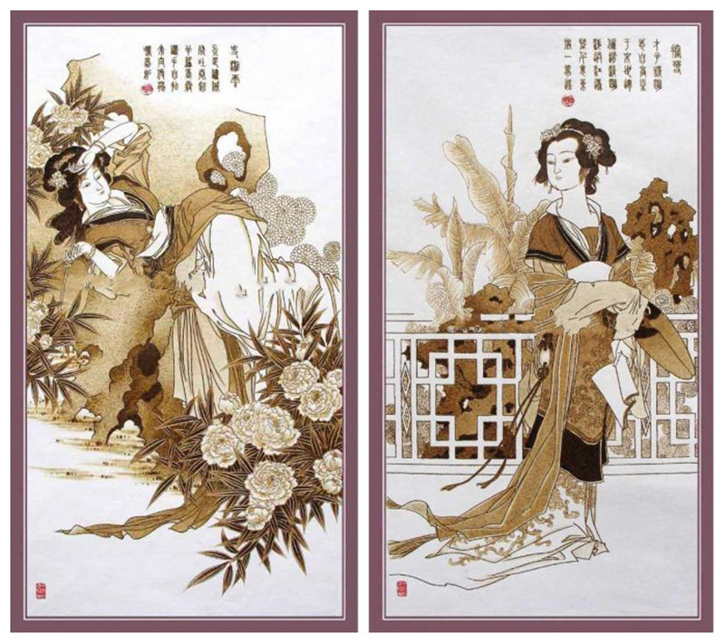 紅樓夢金陵十二釵絲絹烙畫作品