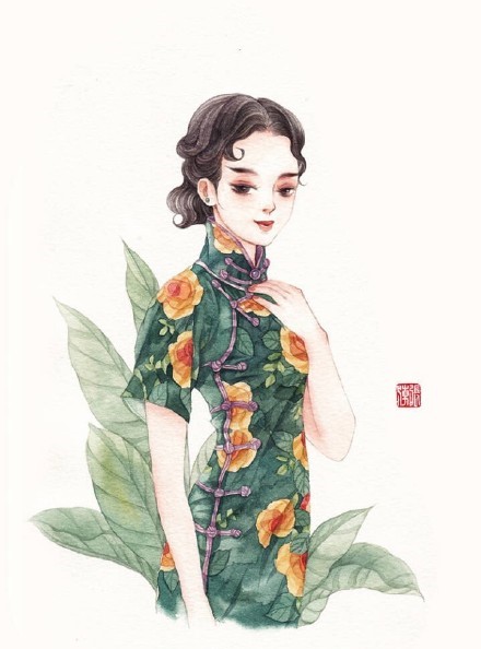 清新水彩旗袍女子插畫，唯美的古風插畫圖集