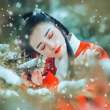 唯美古風(fēng)真人頭像：雪花帶傘紅衣女生頭像