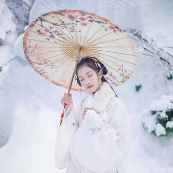 雪中團(tuán)花帶傘女子頭像，唯美古真人頭像